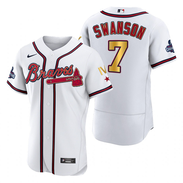 Men's Atlanta Braves #7 Dansby Swanson White 2022 Gold Program 4-Time World Series Champions MLB Jersey