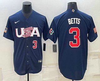 Men's USA Baseball #3 Mookie Betts 2023 Navy World Baseball Classic Stitched Jerseys