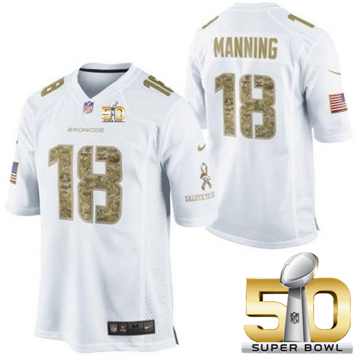 Nike Denver Broncos #18 Peyton Manning White Super Bowl 50 Men's Stitched NFL Limited Salute to Service Jersey