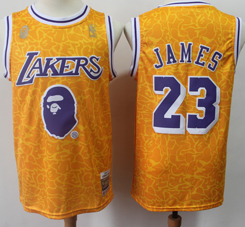 Mitchell And Ness 1996-97 A Bathing Ape Men's Los Angeles Lakers #23 LeBron James Gold Stitched NBA Jersey