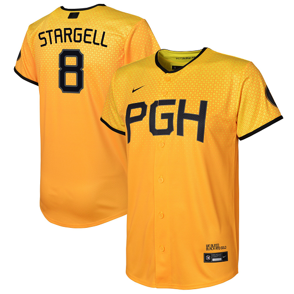 Youth's Pittsburgh Pirates #8 Willie Stargell Nike Gold 2023 City Connect Cool Base Player Jersey