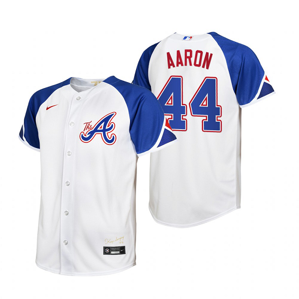 Youth Atlanta Braves #44 Hank Aaron White 2023 City Connect Jersey