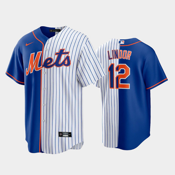 Men's New York Mets Home MLB Jersey #12 Francisco Lindor Royal-White Replica Split