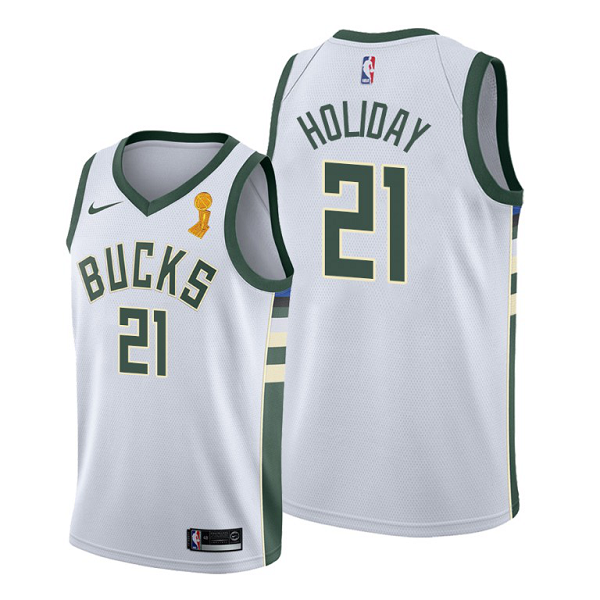 Men's Nike Milwaukee Bucks #21 Jrue Holiday 2021 NBA Finals Champions White Jersey