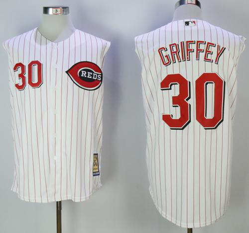 Mitchell And Ness 2000 Cincinnati Reds #30 Ken Griffey White Strip Throwback Stitched MLB Jersey