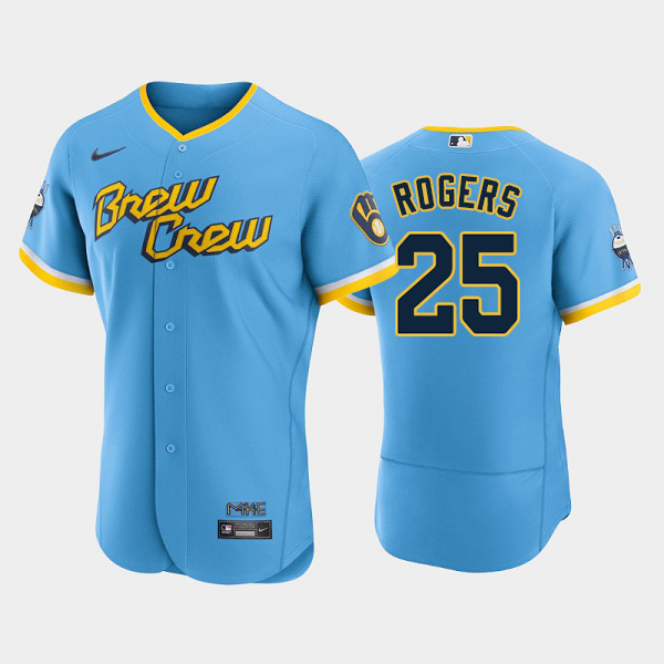 Men's Milwaukee Brewers #25 Taylor Rogers 2022 City Connect Flex Base MLB Jersey - Blue