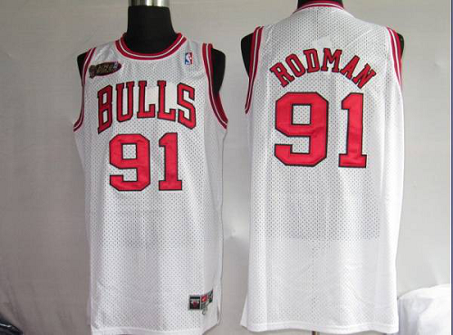 Men's Chicago Bulls #91 Dennis Rodman Stitched White Champion Patch NBA Jersey