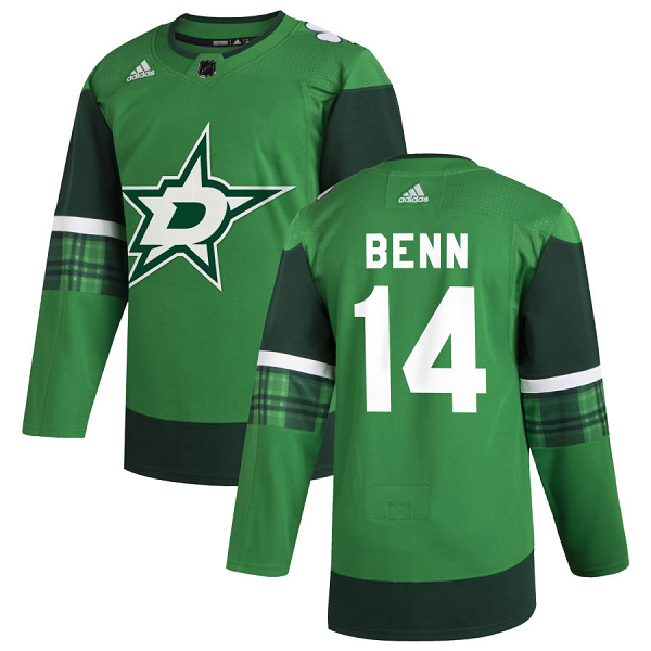 Dallas Stars #14 Jamie Benn Men's Adidas 2020 St. Patrick's Day Stitched NHL Jersey Green.jpg.jpg