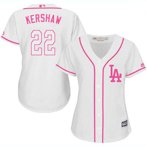 Los Angeles Dodgers #22 Clayton Kershaw White/Pink Fashion Women's Stitched MLB Jersey