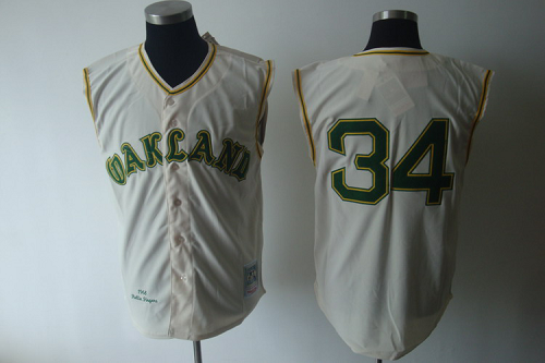 Mitchell And Ness 1968 Oakland Athletics #34 Rollie Fingers Cream Cool Base Stitched MLB Jersey