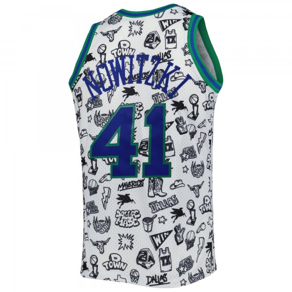 Men's Dallas Mavericks Dirk Nowitzki Mitchell & Ness White 1998/99 Hardwood Classics Doodle Swingman Jersey