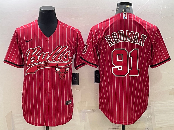 Men's Chicago Bulls #91 Dennis Rodman Red Strips Baseball Jersey