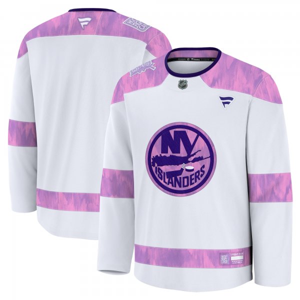 Men's New York Islanders Fanatics White 2024 Hockey Fights Cancer Practice Jersey
