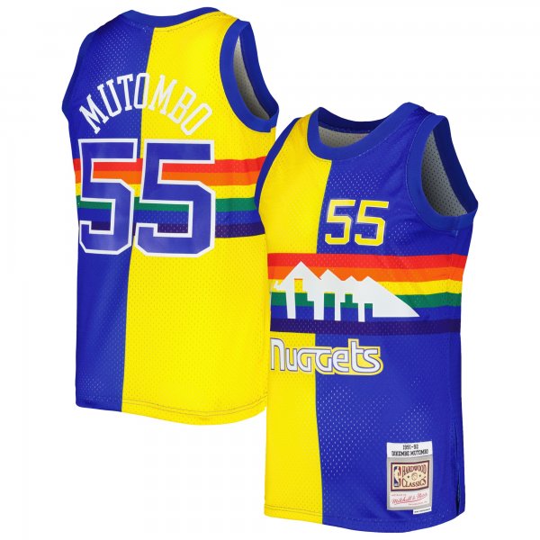 Men's Denver Nuggets Dikembe Mutombo Mitchell & Ness Royal/Gold Hardwood Classics 1991/92 Split Swingman Jersey