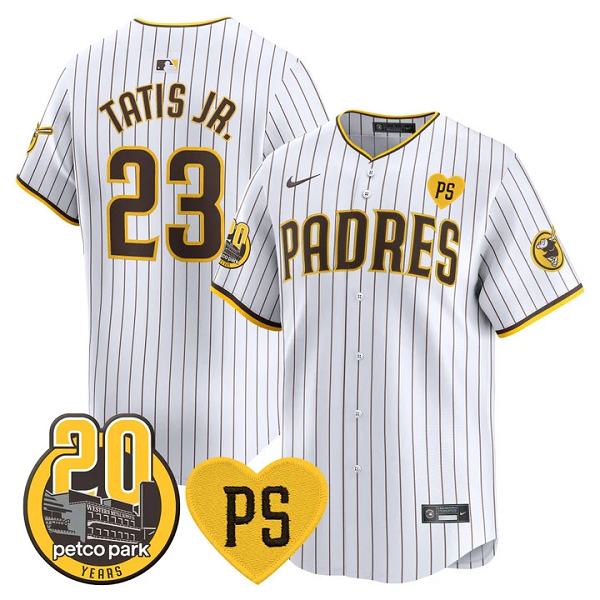 Men's San Diego Padres #23 Fernando Tatis Jr For Peter & Petco Park 20th Patch Vapor Premier Limited All Stitched Cool Base Jersey