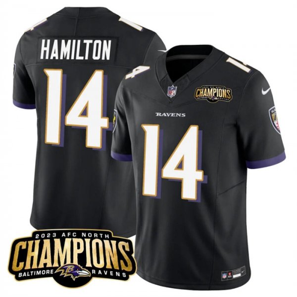 Men's Baltimore Ravens #14 Kyle Hamilton Black 2023 F.U.S.E. AFC North Champions Vapor Limited NFL Jersey