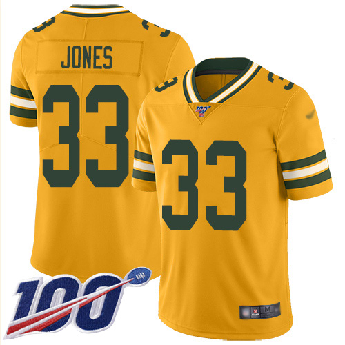 Green Bay Packers #33 Aaron Jones Gold Men's Stitched NFL Limited Inverted Legend 100th Season Jersey