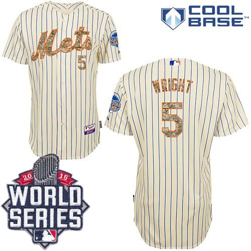 New York Mets #5 David Wright Cream(Blue Strip) USMC Cool Base W/2015 World Series Patch Stitched MLB Jersey