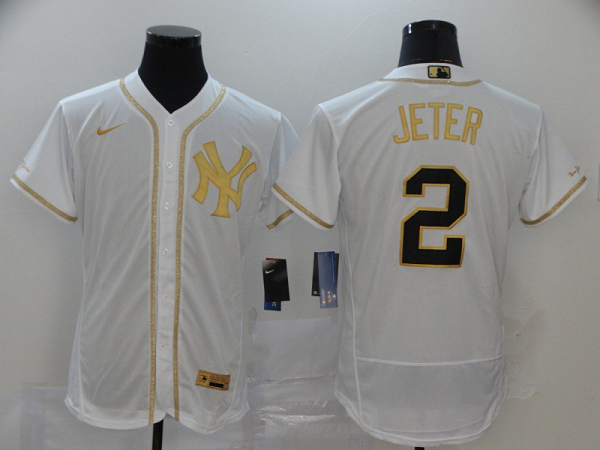 Men's New York Yankees #2 Derek Jeter White Golden Stitched MLB Flex Base Nike Jersey