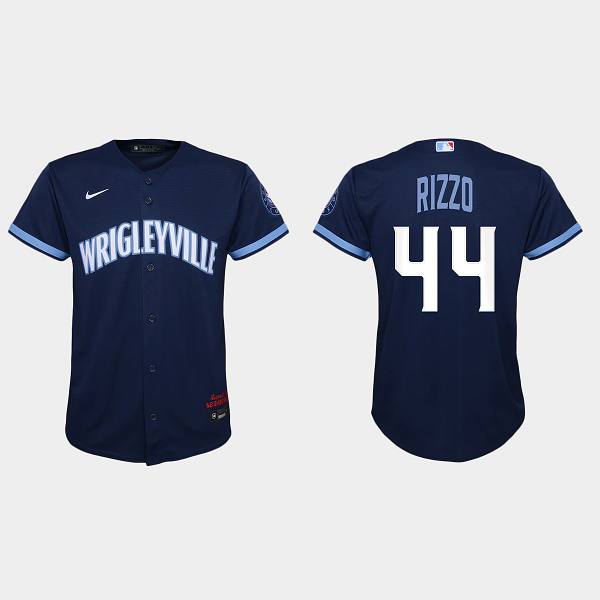 Youth Chicago Cubs #44 Anthony Rizzo Navy 2021 MLB City Connect Replica Jersey