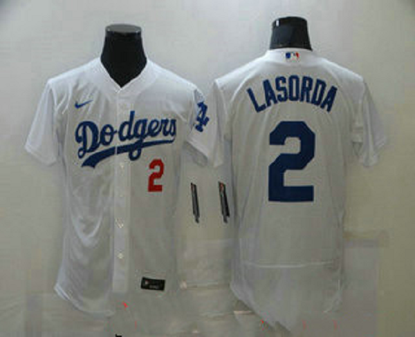 Men's Los Angeles Dodgers #2 Tommy Lasorda White Stitched MLB Flex Base Nike Jersey