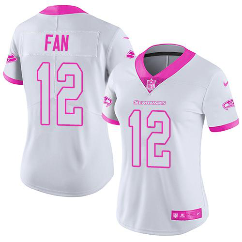 Nike Seattle Seahawks #12 Fan White/Pink Women's Stitched NFL Limited Rush Fashion Jersey