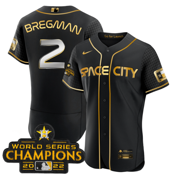 Men's Houston Astros #2 Alex Bregman 2023 Space City Champions Flex Base Black Golden Jersey