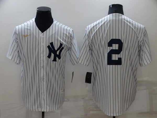 Men's Nike New York Yankees #2 Derek Jeter White Strip Throwback Cool Base MLB Stitched Jersey