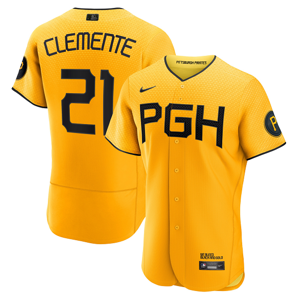 Men's Pittsburgh Pirates #21 Roberto Clemente Nike Gold 2023 City Connect Flex Base Player Jersey