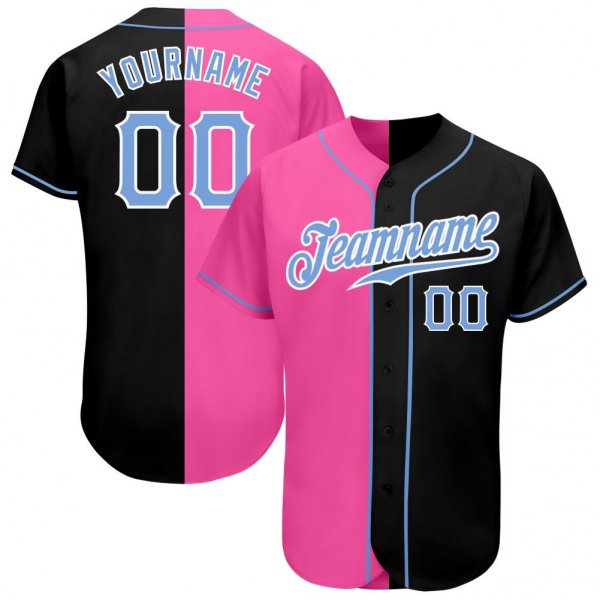 Men's Custom Black Light Blue-Pink Authentic Split Fashion Baseball Jersey