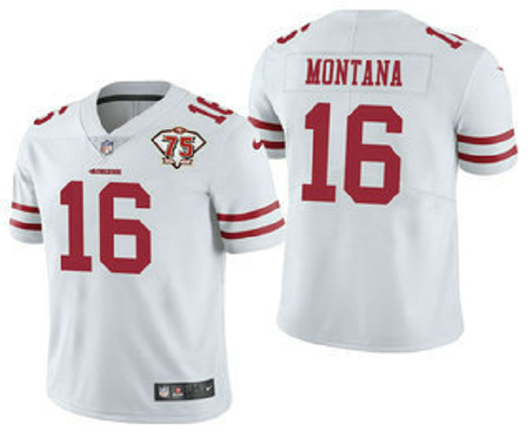 Men's San Francisco 49ers #16 Joe Montana White 75th Anniversary Patch 2021 Vapor Untouchable Stitched Nike Limited Jersey