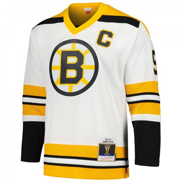 Men's Boston Bruins Johnny Bucyk Mitchell & Ness White  1973/74 Blue Line Player Jersey