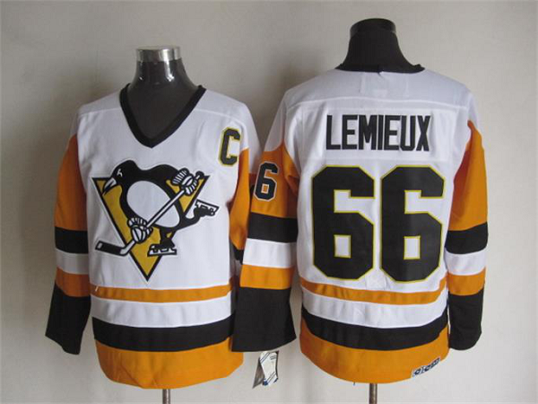 Men's Pittsburgh Penguins #66 Mario Lemieux White And Yellow C Throwback NHL Jersey