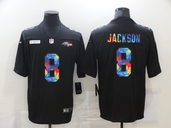 Men's Baltimore Ravens #8 Lamar Jackson Multi-Color Black 2020 NFL Crucial Catch Vapor Untouchable Nike Limited Jersey