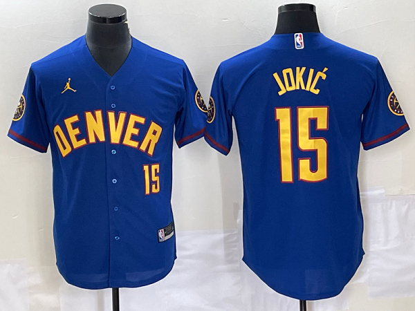 Men's Denver Nuggets 15 Nikola Joki  Blue Baseball Jersey