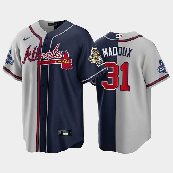 Men's Atlanta Braves 1995 Throwback Split Greg Maddux Gray Navy 2021 World Series Champions MLB Jersey