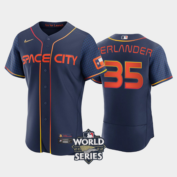 Men's #35 Justin Verlander Houston Astros 2022 City Connect Navy MLB Jersey with 2022 World Series Patch