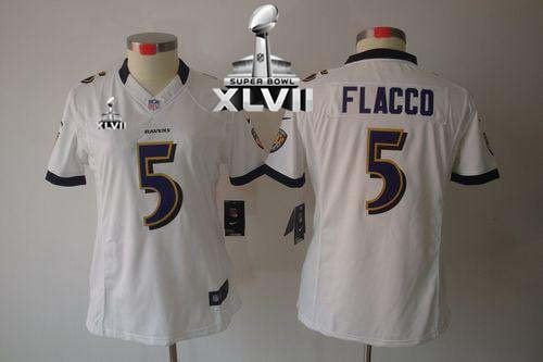 Nike Baltimore Ravens #5 Joe Flacco White Super Bowl XLVII Women's Stitched NFL Limited Jersey