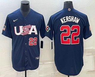 Men's USA Baseball #22 Clayton Kershaw 2023 Navy World Baseball Classic Stitched Jerseys