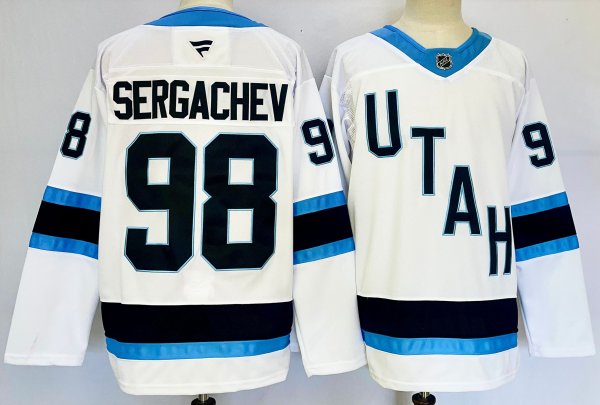 Men's #98 Mikhail Sergachev Utah Hockey Club Black And Blue White City Edition Jersey