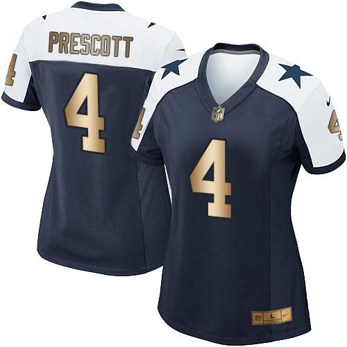 Nike Dallas Cowboys #4 Dak Prescott Navy Blue Thanksgiving Throwback Women's Stitched NFL Elite Gold Jersey